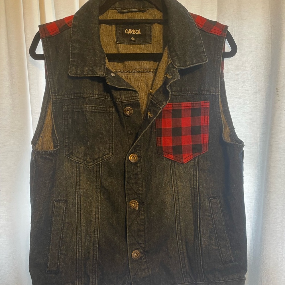 Carbon Men's Black and Red Denim Vest